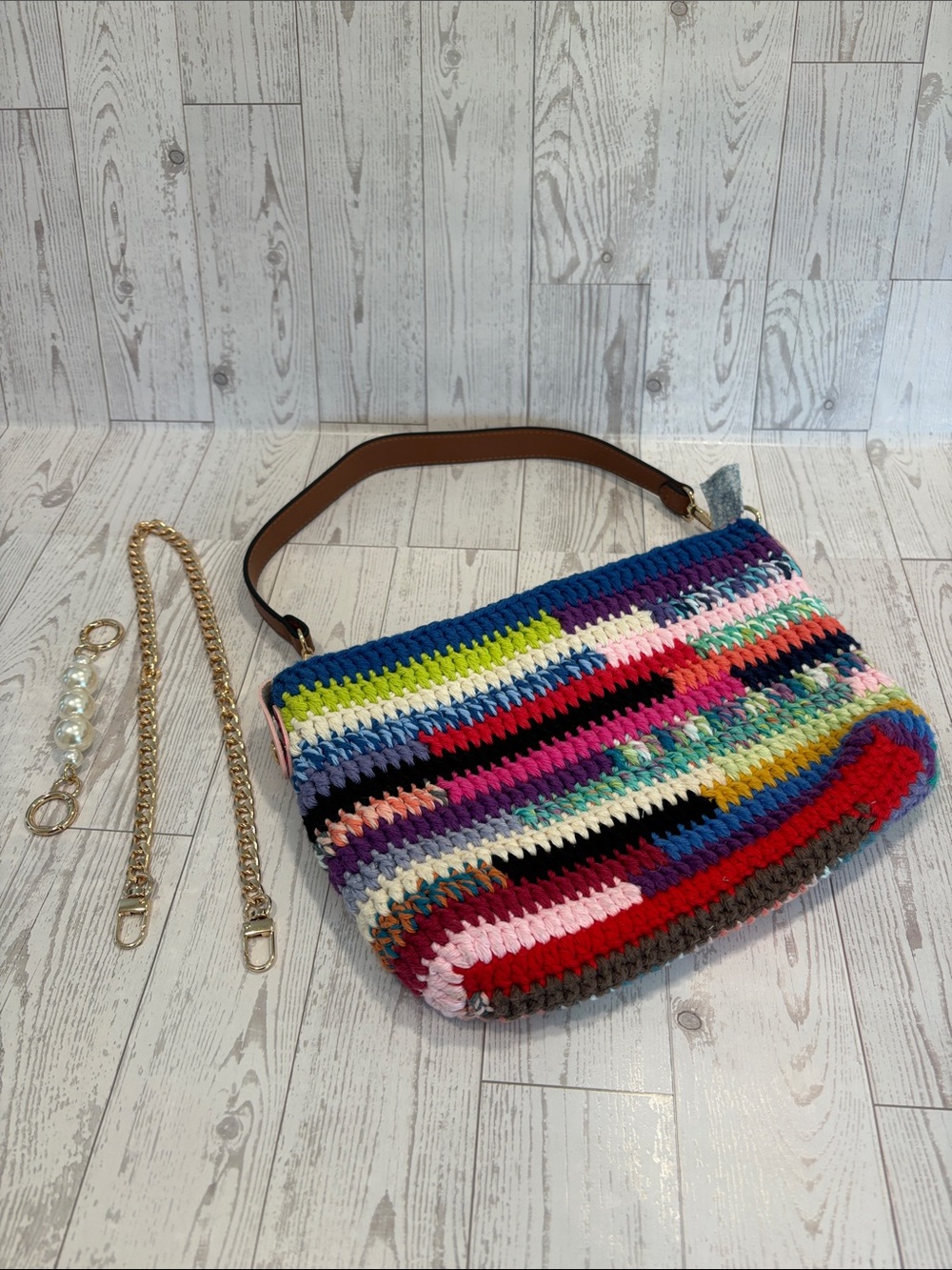 Handmade Multicolor Crochet Shoulder Bag with Brown Leather Handle